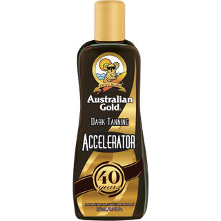 Flacone da 250 ml di Australian Gold 40th Anniversary Dark Tanning Accelerator, con packaging dorato celebrativo e formula intensificatrice abbronzante.