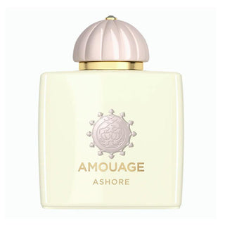 Flacone da 100 ml del profumo "Ashore" di Amouage, dal design chiaro e solare, che evoca la luce e la sensualità di una passeggiata sulla spiaggia, con note floreali, speziate e muschiate.