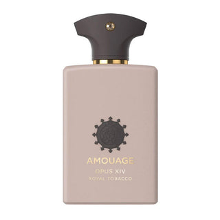 Flacone raffinato del profumo "OPUS XIV Royal Tobacco" di Amouage, con design sontuoso e dettagli dorati, che celebra l’eleganza intensa delle note di tabacco reale e spezie orientali.