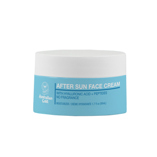 Vaso 50 ml di Australian Gold After Sun Face Cream – crema viso doposole con vitamina B5, acido ialuronico, peptidi e niacinamide.
