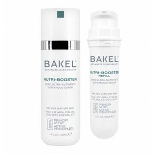 Flacone ricaricabile da 30 ml del siero "Nutri-Booster" con astuccio, trattamento intensivo nutriente per una pelle rigenerata, elastica e luminosa.
