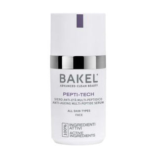 Flacone da 30 ml del siero "Pepti-Tech" di BAKEL, trattamento intensivo con peptidi biomimetici per rassodare, levigare e migliorare l’elasticità della pelle.