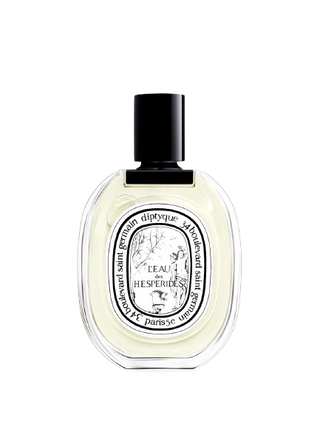 Flacone trasparente da 100 ml di Diptyque L’Eau des Hespérides Eau de Toilette, edizione limitata 2025, con etichetta illustrata di agrumi e menta.