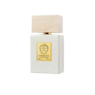 Flacone da 100 ml del profumo "Christos" di Giardini di Toscana, dal design elegante e spirituale, che racchiude una fragranza intensa e avvolgente con note ambrate, legnose e resinose.