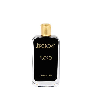 Flacone da 100 ml del profumo "Floro" di Jeroboam, extrait de parfum fiorito e sensuale con note muschiate e fruttate, ideale per chi cerca un'esperienza olfattiva intensa e avvolgente.