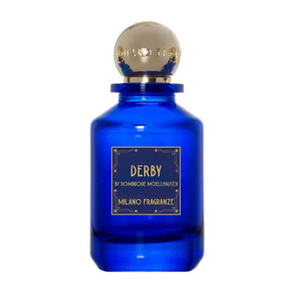 lacone da 100 ml del profumo "Derby" di Milano Fragranze, con design raffinato e sportivo, che celebra l’energia e l’eleganza di una storica competizione calcistica milanese attraverso note cuoiate e aromatiche.