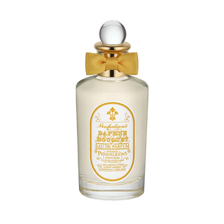 Flacone 100 ml di Penhaligon’s Daphne Bouquet EDP in vetro con fiocco verde, ispirato ai giardini di Highgrove e alle fioriture di daphne.