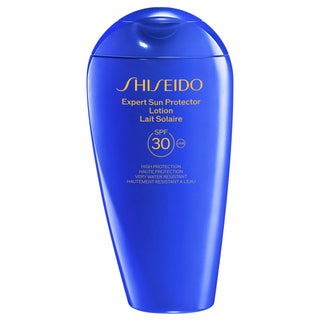 Flacone da 300ml di Shiseido Expert Sun Protector Lotion SPF50+ – lozione solare leggera e invisibile per viso e corpo con protezione efficace dai raggi UVA e UVB.