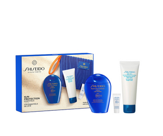 Shiseido Sun Protection Essentials Set – lozione solare SPF50+, emulsione doposole e pochette estiva per una protezione solare completa.