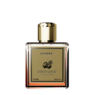 Flacone da 50ml di Superz Budapest Coco Loco Extrait de Parfum, profumo unisex con cocco, vaniglia e panna montata.