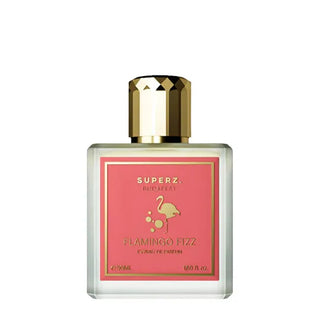 Flacone da 50ml di Superz Budapest Flamingo Fizz Extrait de Parfum, profumo unisex con note frizzanti di champagne, agrumi e fiori bianchi.