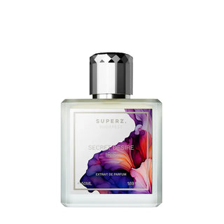 Flacone da 50ml di Superz Budapest Secret Desire Iris Extrait de Parfum, profumo unisex con note di iris, caramello e vaniglia.