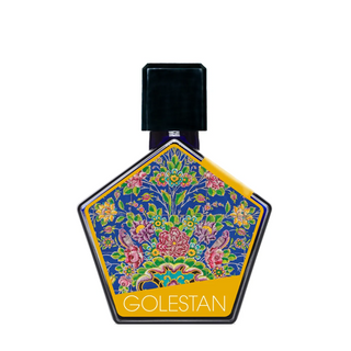 Flacone da 50 ml del profumo "Golestan Extrait de Parfum" di Tauer, con design elegante e geometrico, che esprime una fragranza opulenta e floreale ispirata ai giardini persiani.