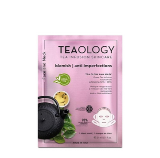 Confezione di Teaology Tea Glow AHA Mask 21ml, maschera in tessuto con tè verde, AHA e niacinamide per viso e collo