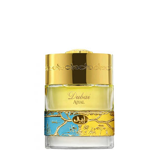 Flacone 50 ml di Spirit of Dubai Ajyal Eau de Parfum, un profumo unisex con flacone trasparente su base decorata oro e turchese, ispirato al deserto e al mare.
