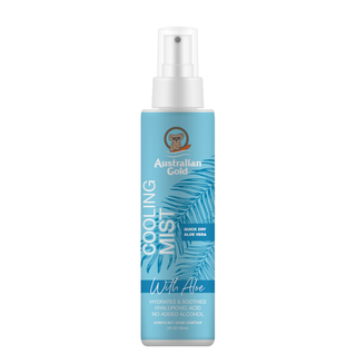 Flacone spray da 148 ml di Australian Gold Cooling Mist, nebbia rinfrescante al Sandalwood con Aloe e acido ialuronico, vegan e senza alcol.