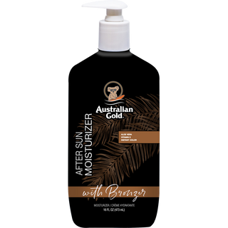 Flacone da 473 ml della lozione doposole Australian Gold After Sun Moisturizer with Bronzer, con design color ambra e dettagli tropicali.