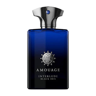 Flacone da 100 ml del profumo "Interlude Black Iris" di Amouage, con design elegante e profondo, che riflette una fragranza misteriosa e raffinata con accordi di iris, incenso e cuoio.