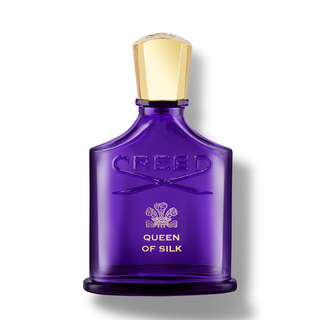 Flacone da 75 ml del profumo "Queen of Silk Millésime" di Creed, con design lussuoso e femminile, che riflette una fragranza sensuale e vellutata con note orientali e floreali.