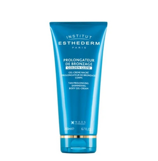 Flacone blu da 200ml di Esthederm Prolongateur de Bronzage Golden Glow con tappo dorato, simbolo di idratazione e luminosità per la pelle dopo il sole.