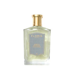 Flacone da 100 ml di Floris Purple Mémoire Eau de Parfum, vetro chiaro con etichetta lavanda e tappo dorato, profumo unisex aromatico-floreale.