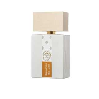 Flacone da 100 ml del profumo "Bianco Oro" di Giardini di Toscana, con design elegante e dorato, che evoca una fragranza ricca e sensuale con note calde di ambra, vaniglia e muschio.