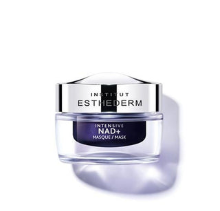INSTITUT_ESTHEDERM_NAD+_Maqsue_50_ml, maschera rigenerante e illuminante in vaso trasparente e blu con tappo argento