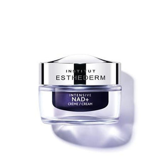 Intitut Esthederm Nad+ Crema viso in vaso trasparente e blu con tappo argento