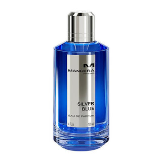 Flacone 120 ml del profumo "Silver Blue" di MANCERA, eau de parfum fresca e moderna con note muschiate, ambrate e leggermente aromatiche, per una scia elegante e avvolgente.