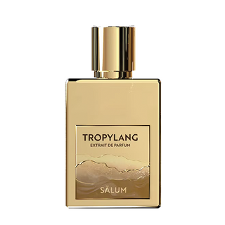 Flacone da 50 ml del profumo "Tropylang" di SALUM, extrait de parfum solare e tropicale con note di ylang-ylang, cocco e fiori esotici che evocano un viaggio olfattivo nei tropici.